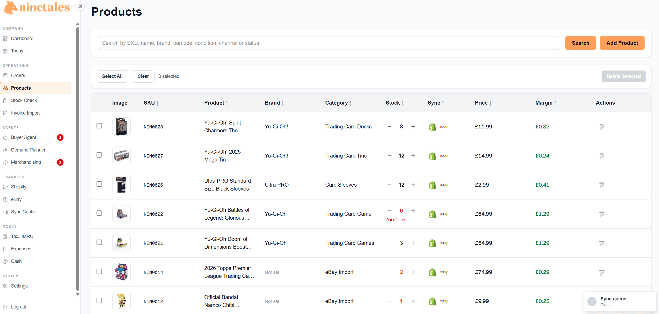 Ninetales OS products dashboard
